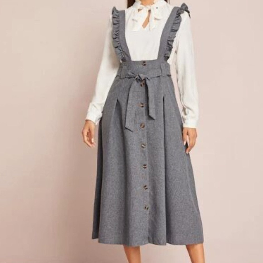 Gray Ruffle Strap Button-Down Dress